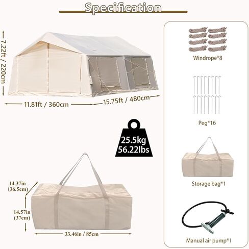Inflatable Tent for Camping with 2 Rooms, 8-12 Person Easy Setup Air Tent with Hand Pump, 4 Season Waterproof Glamping Tent with Stove Jack, Large Family House Tent in Saudi Arabia
