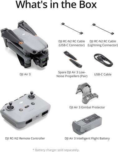 DJI Air 3 (DJI RC-N2)، طائرة بدون طيار مزودة بكاميرات أساسية مزدوجة متوسطة البعد وواسعة الزاوية، أقصى زمن طيران يصل إلى 46 دقيقة، استشعار العوائق متعدد الاتجاهات، صور بدقة 48 ميجابكسل، HDR بدقة 4K/60 إطارًا في الثانية (متجدد) in Kuwait