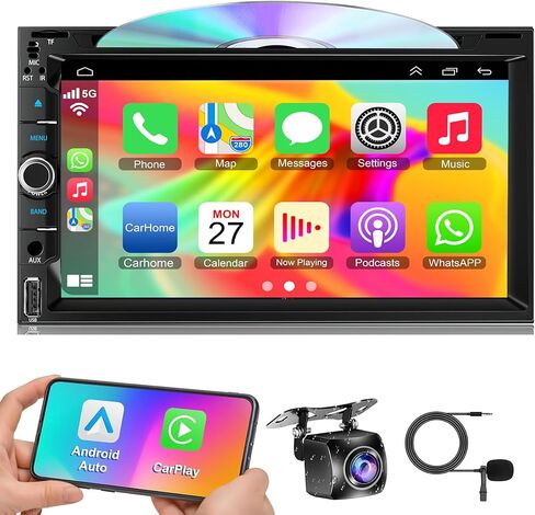ستيريو راديو سيارة مزدوج الدين مع شاشة لمس 7 بوصة، يدعم مشغل CD/DVD، تشغيل CarPlay لاسلكي وسلكي/Android Auto، بلوتوث 5.2، كاميرا احتياطية متضمنة، USB/TF/AUX، راديو FM/AM، EQ in Saudi Arabia