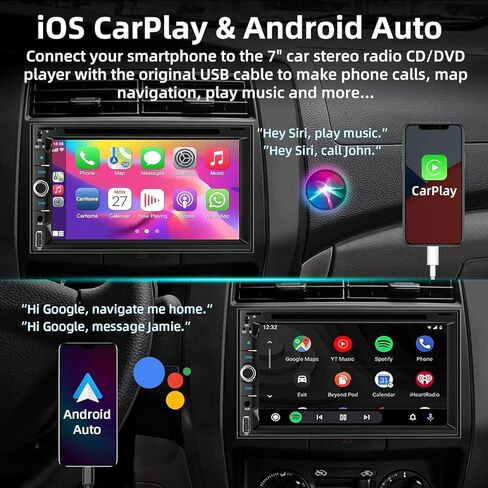 ستيريو راديو سيارة مزدوج الدين مع شاشة لمس 7 بوصة، يدعم مشغل CD/DVD، تشغيل CarPlay لاسلكي وسلكي/Android Auto، بلوتوث 5.2، كاميرا احتياطية متضمنة، USB/TF/AUX، راديو FM/AM، EQ in Saudi Arabia