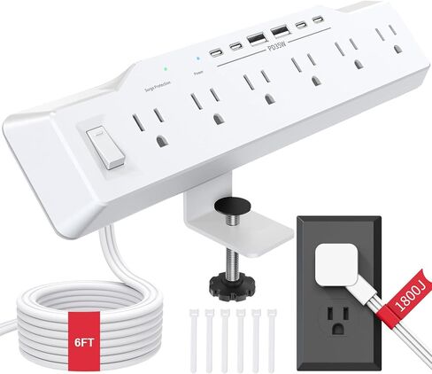 Desk Clamp Power Strip Surge Protector, 6 Outlets, Flat Plug, 1800J, 4 USB-C Ports (Any Port 35W), for Home & Office, Flame-Retardant PC-ABS Housing, Fits 1.96" Desk Edge, Black in Saudi Arabia
