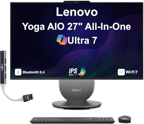 Lenovo Yoga HIGH Performance All-in-One 27" IPS QHD Display (Intel Ultra 7-255H, 16GB LPDDR5X, 2TB PCIe SSD, Intel Arc 140T, WiFi 7, Webcam, Bluetooth 5.4, Win 11 Home) w/DKZ USB Port Expander in Saudi Arabia