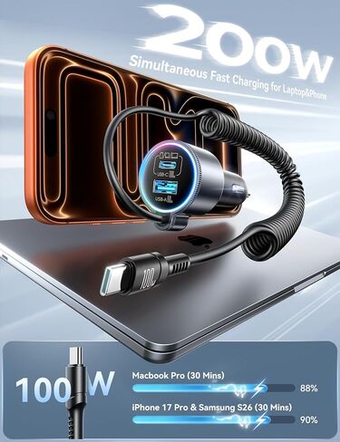 شاحن سيارة 200 واط USB C، PD100W شحن سريع مع 100 واط نوع C شحن سريع كابل ملفوف 5FT، PD3.0/QC4.0/PPS محول هاتف ولاعة السجائر لهاتف iPhone 17/16 ProMax، MacBook Pro/Air، Samsung S26/S25، iPad in Kuwait