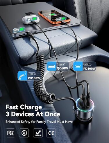 شاحن سيارة 200 واط USB C، PD100W شحن سريع مع 100 واط نوع C شحن سريع كابل ملفوف 5FT، PD3.0/QC4.0/PPS محول هاتف ولاعة السجائر لهاتف iPhone 17/16 ProMax، MacBook Pro/Air، Samsung S26/S25، iPad in Kuwait
