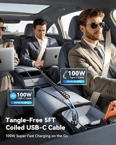 شاحن سيارة 200 واط USB C، PD100W شحن سريع مع 100 واط نوع C شحن سريع كابل ملفوف 5FT، PD3.0/QC4.0/PPS محول هاتف ولاعة السجائر لهاتف iPhone 17/16 ProMax، MacBook Pro/Air، Samsung S26/S25، iPad in Kuwait