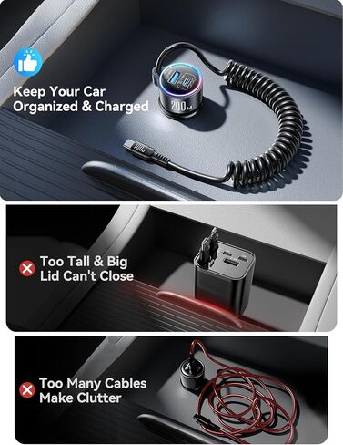 شاحن سيارة 200 واط USB C، PD100W شحن سريع مع 100 واط نوع C شحن سريع كابل ملفوف 5FT، PD3.0/QC4.0/PPS محول هاتف ولاعة السجائر لهاتف iPhone 17/16 ProMax، MacBook Pro/Air، Samsung S26/S25، iPad in Kuwait