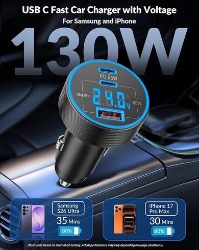 شاحن سيارة USB C، 3 منافذ 130 وات نوع C شحن سريع للغاية ملحقات محول شاحن هاتف السيارة مع عرض الجهد ولاعة السجائر لهاتف iPhone 17/16/15/14/13/12، iPad، Galaxy S26/S25/S24، Android in Kuwait