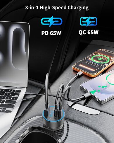 شاحن سيارة USB C، 3 منافذ 130 وات نوع C شحن سريع للغاية ملحقات محول شاحن هاتف السيارة مع عرض الجهد ولاعة السجائر لهاتف iPhone 17/16/15/14/13/12، iPad، Galaxy S26/S25/S24، Android in Kuwait