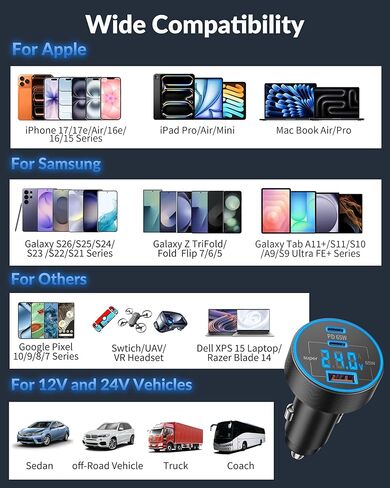 شاحن سيارة USB C، 3 منافذ 130 وات نوع C شحن سريع للغاية ملحقات محول شاحن هاتف السيارة مع عرض الجهد ولاعة السجائر لهاتف iPhone 17/16/15/14/13/12، iPad، Galaxy S26/S25/S24، Android in Kuwait