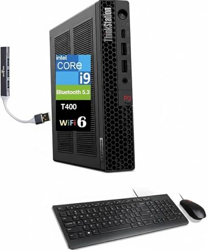 Lenovo ThinkStation P3 Tiny Workstation Mini Desktop (Intel i9-14900 vPro, T400 4GB, 32GB DDR5, 512GB PCIe SSD, WiFi 6, Bluetooth 5.3, RJ-45, 1x DP; 3X mDP, Win 11 Home) w/DKZ USB Port Expander in Saudi Arabia