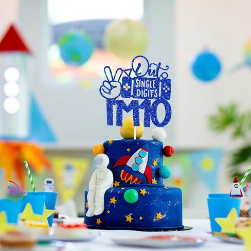 Gaming Happy 10th Birthday Cake Topper, Level 10 Unlocked, Peace Out Single Digits I'm 10, Double Digits Ten, Glittery Video Game Themed 10th Birthday Party Decorations (Blue) in Saudi Arabia