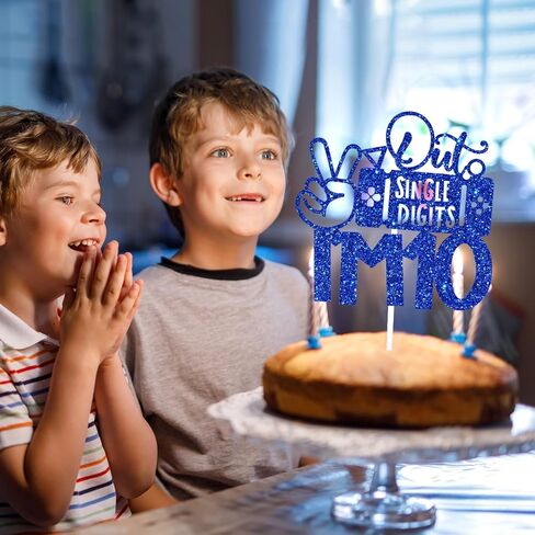 Gaming Happy 10th Birthday Cake Topper, Level 10 Unlocked, Peace Out Single Digits I'm 10, Double Digits Ten, Glittery Video Game Themed 10th Birthday Party Decorations (Blue) in Saudi Arabia