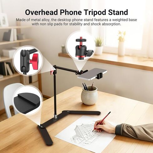 NEEWER Overhead Phone Tripod Stand with Dual Ball Head Articulating Boom Arm, Shock Absorbent Desk Phone Holder Clamp Mount with Foldable Base for Piano Cooking Drawing Sketching Live Streaming, DS026 in Saudi Arabia