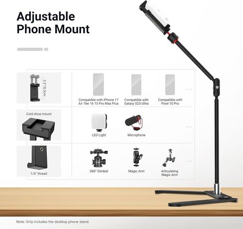 NEEWER Overhead Phone Tripod Stand with Dual Ball Head Articulating Boom Arm, Shock Absorbent Desk Phone Holder Clamp Mount with Foldable Base for Piano Cooking Drawing Sketching Live Streaming, DS026 in Saudi Arabia
