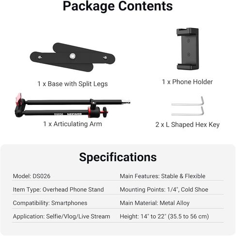 NEEWER Overhead Phone Tripod Stand with Dual Ball Head Articulating Boom Arm, Shock Absorbent Desk Phone Holder Clamp Mount with Foldable Base for Piano Cooking Drawing Sketching Live Streaming, DS026 in Saudi Arabia