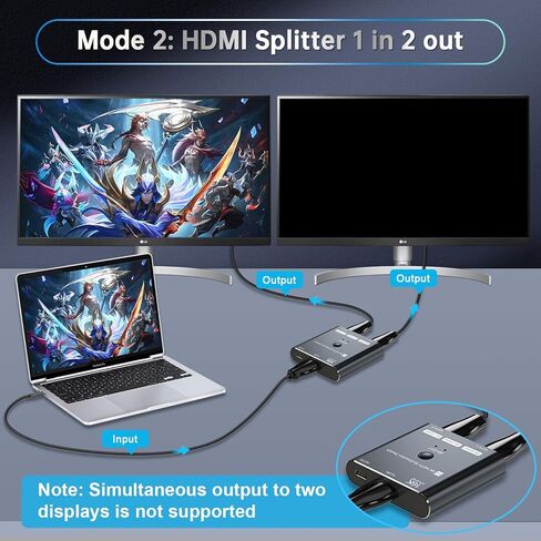 مفتاح HDMI 2.1 ثنائي الاتجاه 4K 240 هرتز - محول مخرج 2 في 1/مقسم 1 في 2 يدعم 8K عند 60 هرتز و4K عند 60 هرتز، متوافق مع PS5، وXbox، وRoku Firestick، وأجهزة الكمبيوتر، إلخ in Kuwait