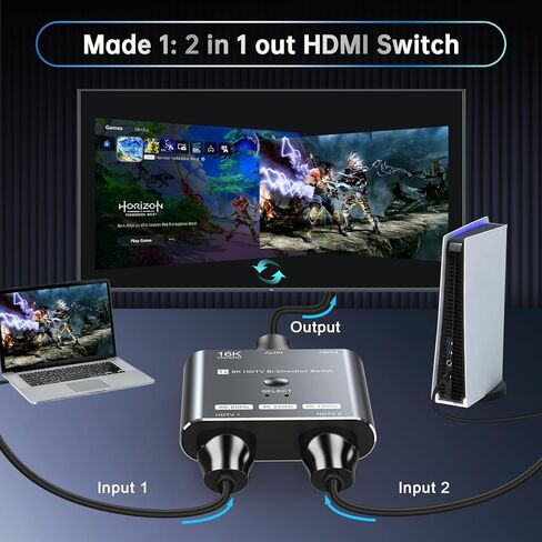 مفتاح HDMI 2.1 ثنائي الاتجاه 4K 240 هرتز - محول مخرج 2 في 1/مقسم 1 في 2 يدعم 8K عند 60 هرتز و4K عند 60 هرتز، متوافق مع PS5، وXbox، وRoku Firestick، وأجهزة الكمبيوتر، إلخ in Kuwait
