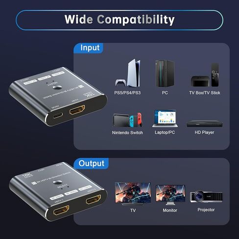 مفتاح HDMI 2.1 ثنائي الاتجاه 4K 240 هرتز - محول مخرج 2 في 1/مقسم 1 في 2 يدعم 8K عند 60 هرتز و4K عند 60 هرتز، متوافق مع PS5، وXbox، وRoku Firestick، وأجهزة الكمبيوتر، إلخ in Kuwait