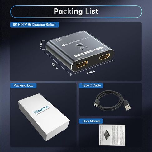 مفتاح HDMI 2.1 ثنائي الاتجاه 4K 240 هرتز - محول مخرج 2 في 1/مقسم 1 في 2 يدعم 8K عند 60 هرتز و4K عند 60 هرتز، متوافق مع PS5، وXbox، وRoku Firestick، وأجهزة الكمبيوتر، إلخ in Kuwait