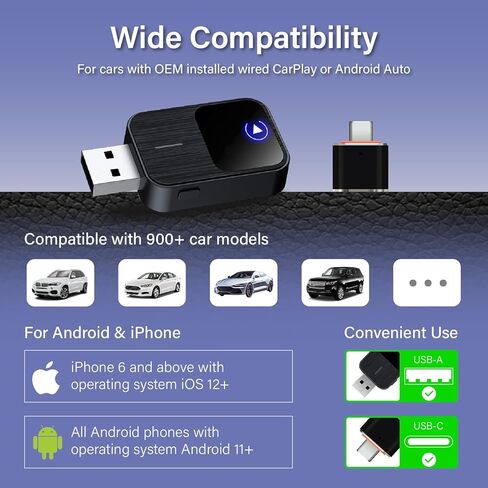 محول CarPlay اللاسلكي المحسن لعام 2026 لأجهزة iPhone وAndroid Auto، اتصال تلقائي أسرع 5X بدون زمن انتقال، يحول السلكي إلى CarPlay اللاسلكي، التوصيل والتشغيل، محول 2 في 1 لنظام iOS 12+/Android 11+، أسود in Saudi Arabia