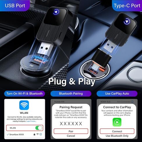 محول CarPlay اللاسلكي المحسن لعام 2026 لأجهزة iPhone وAndroid Auto، اتصال تلقائي أسرع 5X بدون زمن انتقال، يحول السلكي إلى CarPlay اللاسلكي، التوصيل والتشغيل، محول 2 في 1 لنظام iOS 12+/Android 11+، أسود in Saudi Arabia