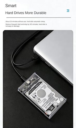 حاوية محرك أقراص ثابتة خارجي USB 3.1 لمحرك أقراص SATA HDD/SSD مقاس 2.5 بوصة، حافظة شفافة مع UASP، دعم 6 تيرابايت، تركيب بدون أدوات، نقل بسرعة 5 جيجابت في الثانية، نحيف للغاية 13 مم، يتضمن USB C إلى كابل in Kuwait