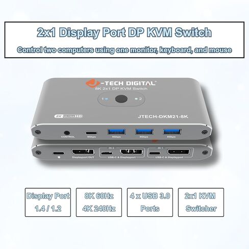 J-Tech Digital 8K DisplayPort 1.4 KVM Switch 2 كمبيوتر 1 شاشة، 8K@60 هرتز / 4K@240 هرتز ثنائي PC DP KVM Switcher مع 4 منافذ USB 3.0 (3 USB-A + 1 USB-C)، يتضمن كابلات DP وUSB [JTECH-DKM21-8K] in Saudi Arabia