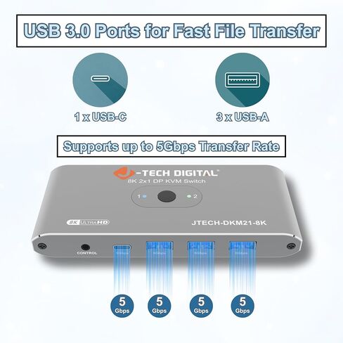 J-Tech Digital 8K DisplayPort 1.4 KVM Switch 2 كمبيوتر 1 شاشة، 8K@60 هرتز / 4K@240 هرتز ثنائي PC DP KVM Switcher مع 4 منافذ USB 3.0 (3 USB-A + 1 USB-C)، يتضمن كابلات DP وUSB [JTECH-DKM21-8K] in Saudi Arabia