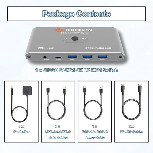 J-Tech Digital 8K DisplayPort 1.4 KVM Switch 2 كمبيوتر 1 شاشة، 8K@60 هرتز / 4K@240 هرتز ثنائي PC DP KVM Switcher مع 4 منافذ USB 3.0 (3 USB-A + 1 USB-C)، يتضمن كابلات DP وUSB [JTECH-DKM21-8K] in Saudi Arabia