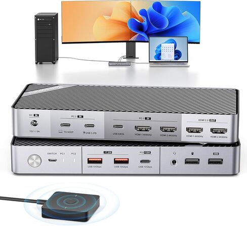 محطة إرساء شاشة مزدوجة Minisopuru KVM Switch لأجهزة الكمبيوتر المحمول وسطح المكتب - مع HDMI 4K@60 هرتز، شحن 15 وات، EDID، 5 USB A USB-C، صوت، لأجهزة الكمبيوتر المحمولة Thunderbolt 5/4/3، USB-C Windows (لا تدعم MacBook) in Kuwait