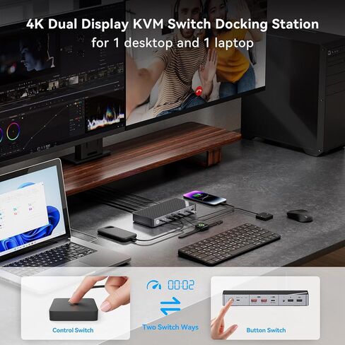 محطة إرساء شاشة مزدوجة Minisopuru KVM Switch لأجهزة الكمبيوتر المحمول وسطح المكتب - مع HDMI 4K@60 هرتز، شحن 15 وات، EDID، 5 USB A USB-C، صوت، لأجهزة الكمبيوتر المحمولة Thunderbolt 5/4/3، USB-C Windows (لا تدعم MacBook) in Kuwait