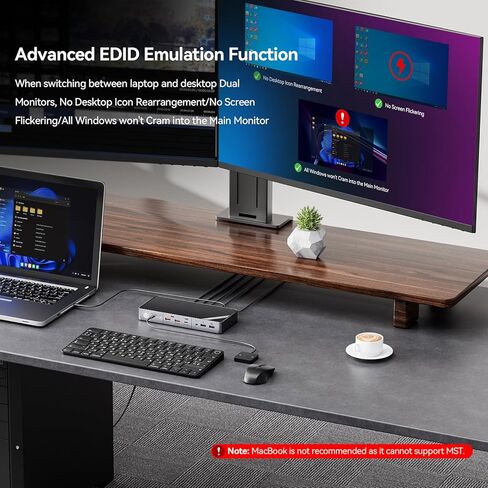 محطة إرساء شاشة مزدوجة Minisopuru KVM Switch لأجهزة الكمبيوتر المحمول وسطح المكتب - مع HDMI 4K@60 هرتز، شحن 15 وات، EDID، 5 USB A USB-C، صوت، لأجهزة الكمبيوتر المحمولة Thunderbolt 5/4/3، USB-C Windows (لا تدعم MacBook) in Kuwait
