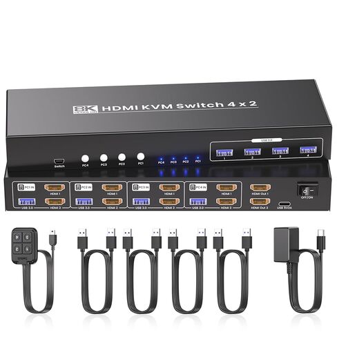 4 منافذ HDMI KVM Switch 2 شاشات 4 أجهزة كمبيوتر، 8K@60هرتز 4K@120هرتز فائقة الدقة مع 4 منافذ USB 3.0، مشاركة مجموعة واحدة من لوحة المفاتيح والماوس بسهولة in Saudi Arabia