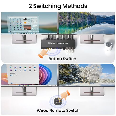 4 منافذ HDMI KVM Switch 2 شاشات 4 أجهزة كمبيوتر، 8K@60هرتز 4K@120هرتز فائقة الدقة مع 4 منافذ USB 3.0، مشاركة مجموعة واحدة من لوحة المفاتيح والماوس بسهولة in Saudi Arabia