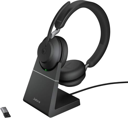 جابرا Evolve2 65 سماعة بلوتوث لاسلكية مع ميكروفون للمكالمات والموسيقى، سماعات أذن مزدوجة مع محول USB-A وحامل شحن، بطارية تصل إلى 37 ساعة، تعمل مع Microsoft Teams، أسود in Saudi Arabia