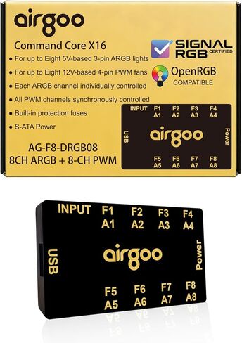 Airgoo Command Core X16، وحدة تحكم ARGB مغناطيسية ذات 8 قنوات ومحور مروحة PWM ذو 8 قنوات 2 في 1، إضاءة كمبيوتر مدمجة تعمل بالطاقة SATA ومركز مروحة لحالات البرج المتوسط، متوافق مع SignalRGB وOpenRGB، AG-F8-DRGB08 in Kuwait