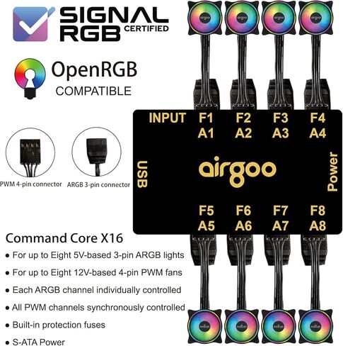 Airgoo Command Core X16، وحدة تحكم ARGB مغناطيسية ذات 8 قنوات ومحور مروحة PWM ذو 8 قنوات 2 في 1، إضاءة كمبيوتر مدمجة تعمل بالطاقة SATA ومركز مروحة لحالات البرج المتوسط، متوافق مع SignalRGB وOpenRGB، AG-F8-DRGB08 in Kuwait