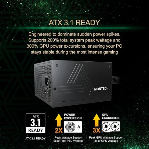 مصدر طاقة Montech BETA 2 850W، ATX 3.1 وPCIe 5.1 جاهز، 80+ برونزي معتمد، كابل الجيل التالي 12V-2x6، استقرار DC-to-DC، مكثف رئيسي صناعي ياباني، مجموعة حماية كاملة in Saudi Arabia