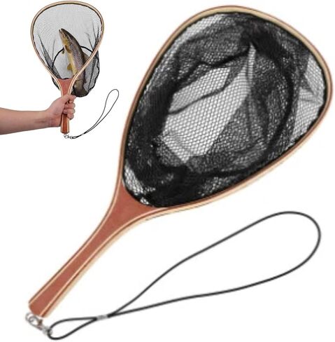 25.5in Fly Fishing Net, Trout Net with Wooden Handle, Soft Rubber Catch and Release Landing Net, Lightweight Fish Net with Safety Lanyard for Stream Creek River Fishing in Saudi Arabia