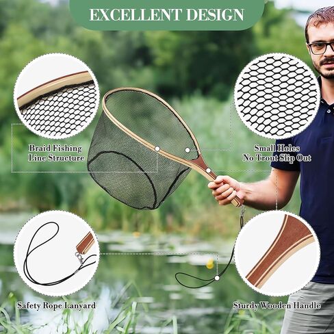25.5in Fly Fishing Net, Trout Net with Wooden Handle, Soft Rubber Catch and Release Landing Net, Lightweight Fish Net with Safety Lanyard for Stream Creek River Fishing in Saudi Arabia
