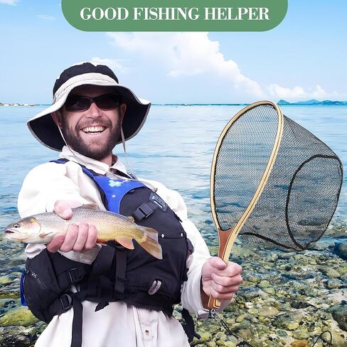 25.5in Fly Fishing Net, Trout Net with Wooden Handle, Soft Rubber Catch and Release Landing Net, Lightweight Fish Net with Safety Lanyard for Stream Creek River Fishing in Saudi Arabia