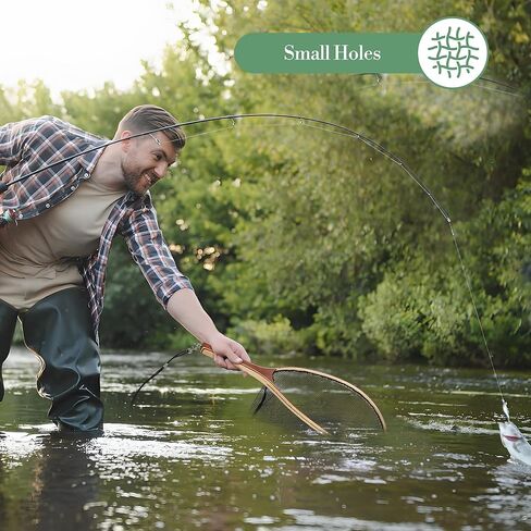 25.5in Fly Fishing Net, Trout Net with Wooden Handle, Soft Rubber Catch and Release Landing Net, Lightweight Fish Net with Safety Lanyard for Stream Creek River Fishing in Saudi Arabia