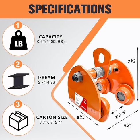 1100LBS Beam Trolley, 0.5 Ton Capacity 4 Wheels Push Manual Trolley, I Beam Trolley Heavy Duty, Dual Track Rollers for I Beams & Chain Hoists Lifting in Saudi Arabia
