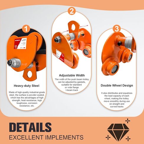 1100LBS Beam Trolley, 0.5 Ton Capacity 4 Wheels Push Manual Trolley, I Beam Trolley Heavy Duty, Dual Track Rollers for I Beams & Chain Hoists Lifting in Saudi Arabia