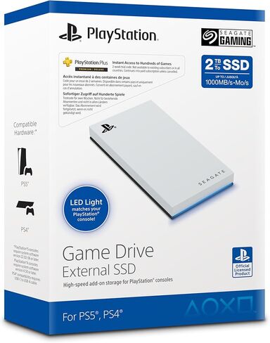 محرك ألعاب Seagate لجهاز PS5 سعة 2 تيرابايت، ومحرك أقراص SSD خارجي، ومنفذ USB 3.2، وإضاءة زرقاء، وخدمة إنقاذ البيانات (STMH2000100) in Saudi Arabia