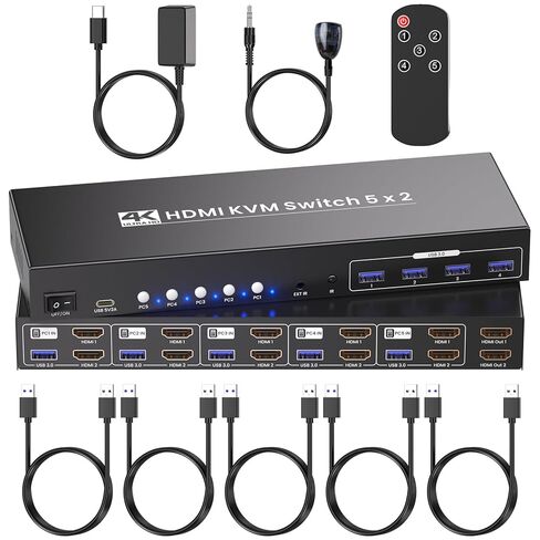 4K60Hz HDMI KVM Switch 2 Monitors 5 Computers, USB 3.0 Dual Monitor 5 Port KVM Switch for Managing 5 PCs with 1 Set of Keyboard Mouse and 2 Monitors, 4-Port USB 3.0 Sharing in Saudi Arabia