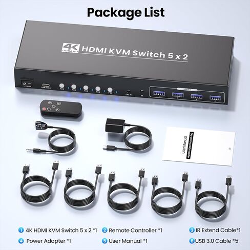 4K60Hz HDMI KVM Switch 2 Monitors 5 Computers, USB 3.0 Dual Monitor 5 Port KVM Switch for Managing 5 PCs with 1 Set of Keyboard Mouse and 2 Monitors, 4-Port USB 3.0 Sharing in Saudi Arabia