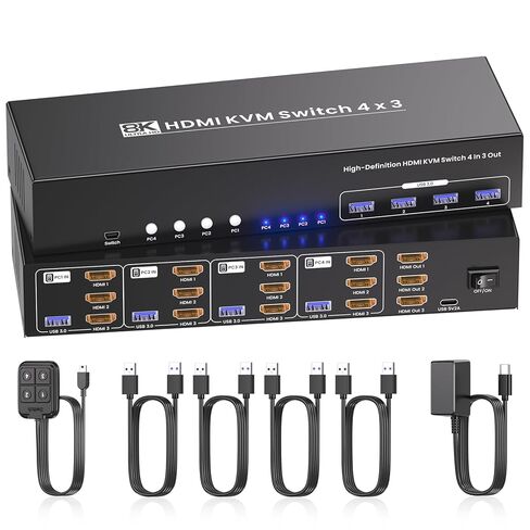 HDMI KVM Switch 3 شاشات 4 أجهزة كمبيوتر مع محور USB 3.0 ذو 4 منافذ، يدعم دقة 8K عند 60 هرتز و4K عند 120 هرتز، مفتاح KVM ذو 4 منافذ مصمم لـ 4 أجهزة كمبيوتر لمشاركة مجموعة واحدة من لوحة المفاتيح والماوس و3 شاشات in Saudi Arabia