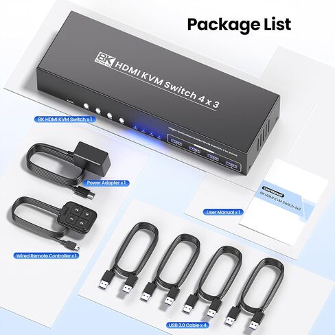 HDMI KVM Switch 3 شاشات 4 أجهزة كمبيوتر مع محور USB 3.0 ذو 4 منافذ، يدعم دقة 8K عند 60 هرتز و4K عند 120 هرتز، مفتاح KVM ذو 4 منافذ مصمم لـ 4 أجهزة كمبيوتر لمشاركة مجموعة واحدة من لوحة المفاتيح والماوس و3 شاشات in Saudi Arabia