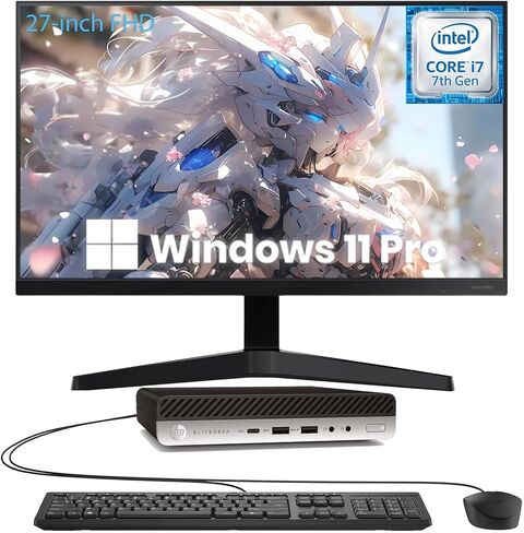 كمبيوتر HP Elitedesk 800 G3 Tiny المكتبي مع شاشة FHD مقاس 27 بوصة، وIntel Core i7-7700T، وذاكرة وصول عشوائي سعتها 8 جيجابايت، ومحرك أقراص SSD سعة 256 جيجابايت، ومحول USB WiFi، ومنفذ عرض، ونظام التشغيل Windows 11 Pro (متجدد) in Saudi Arabia